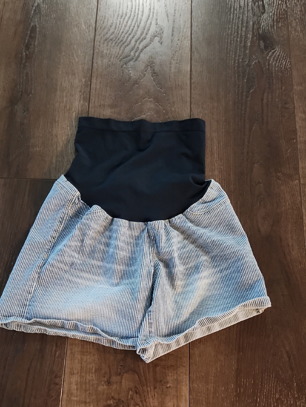 1822 Denim Black Maternity Panel with Light Blue Striped Jean Shorts
